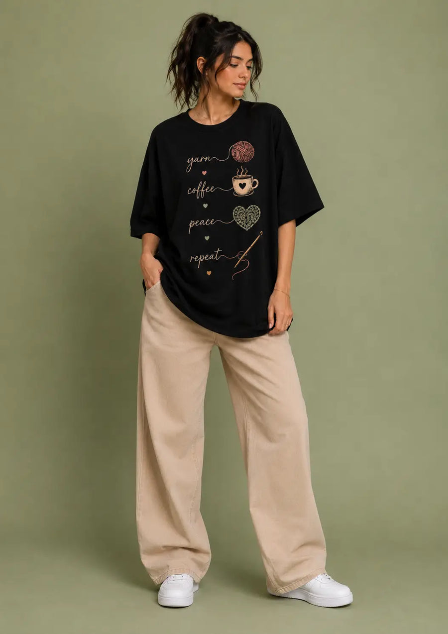 Yarn Coffee Peace Repeat Oversized T-Shirt
