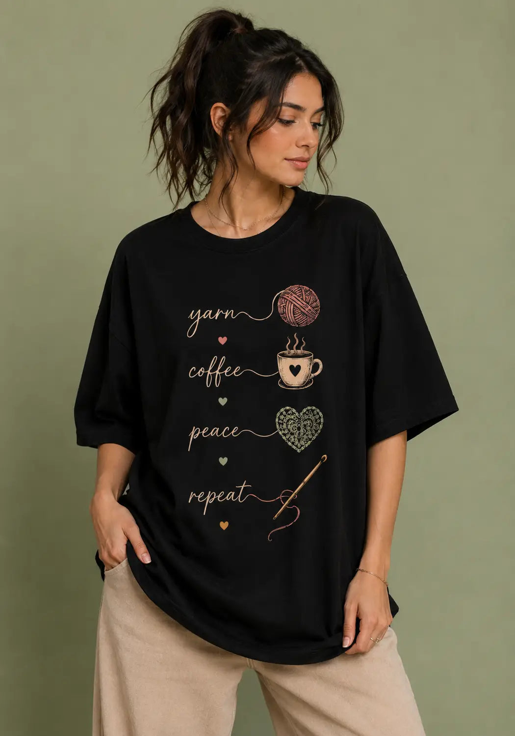 Yarn Coffee Peace Repeat Oversized T-Shirt